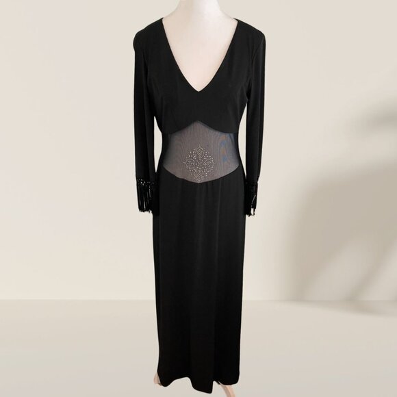CDC Dresses & Skirts - Vintage CDC Elegant Black Evening Gown with Sheer Mesh Panel & Fringe Sleeve